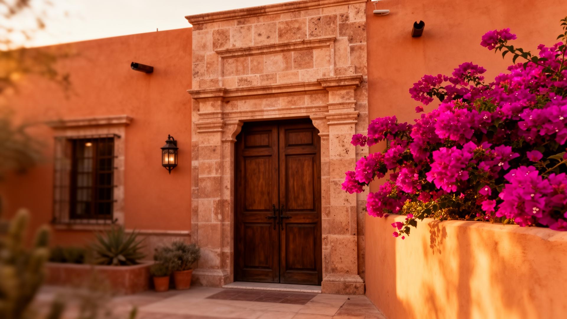 Entrada de cantera de Casa Pitic con bugambilia magenta al atardecer